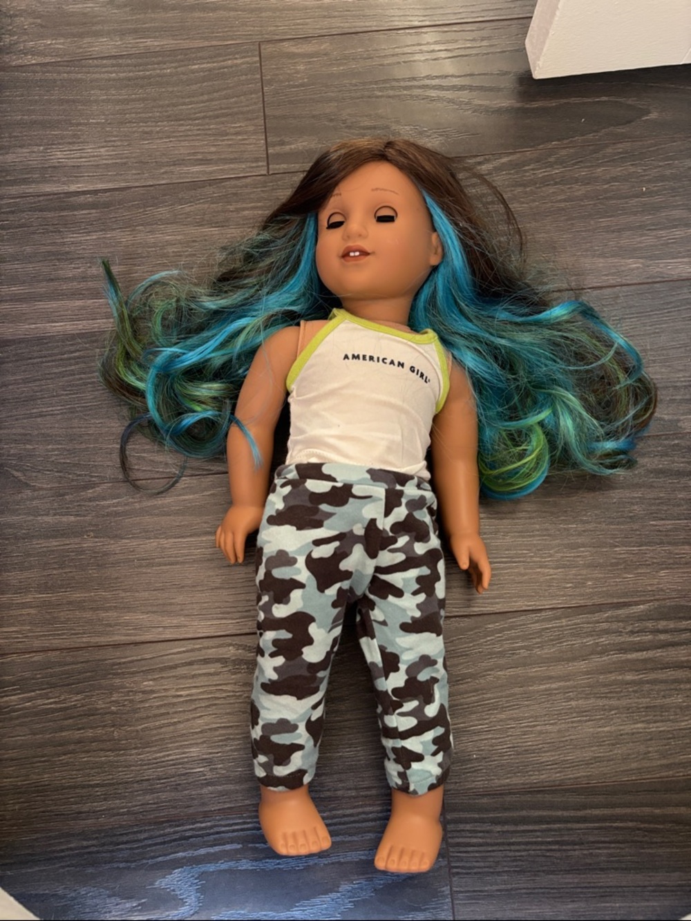 American Girl Doll with Teal & Green Streaked Hair and Camo Pants